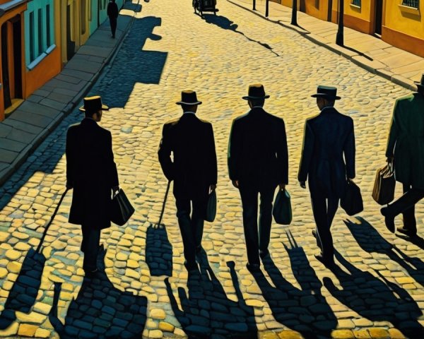Five Men in Formal Attire on Cobblestone Street