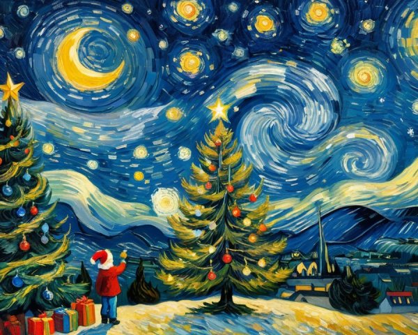 Impressionistic Christmas Scene with Bright Trees