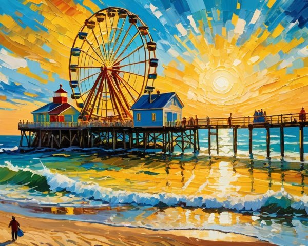 Vibrant Seaside Scene with Sunset and Ferris Wheel