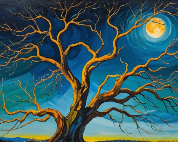 Naive Art Painting of a Gnarled Tree and Night Sky