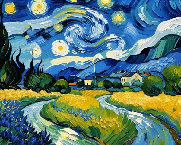 Impressionistic Nighttime Painting of Starry Landscape