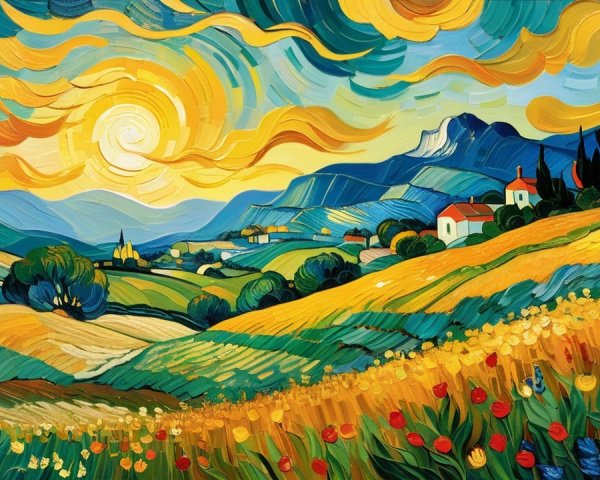Vibrant Landscape with Rolling Hills and Blooming Flowers