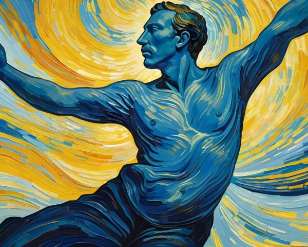 Muscular Figure in Blue Against Vibrant Swirl Background
