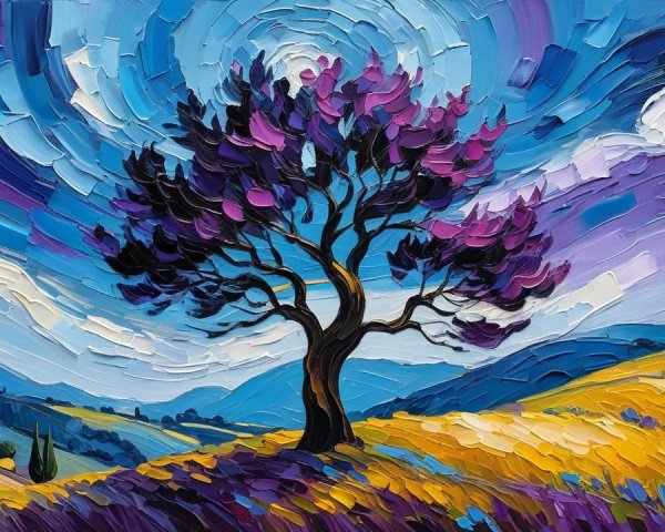 Vibrant Landscape with Majestic Purple Tree and Sky
