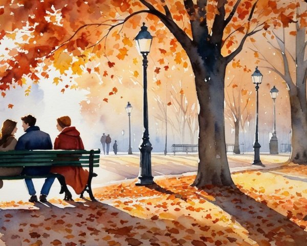 Autumn Park Scene with Couple and Vibrant Foliage