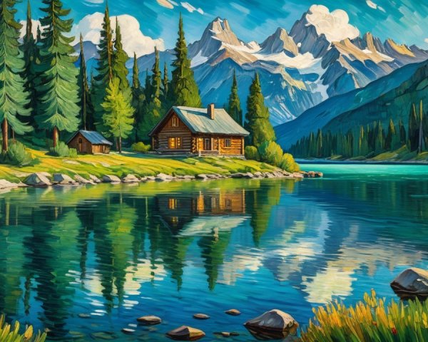 Serene landscape with lake, mountains, and log cabin