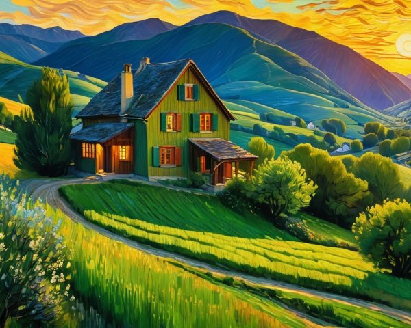 Impressionist Painting of a Green House in Nature