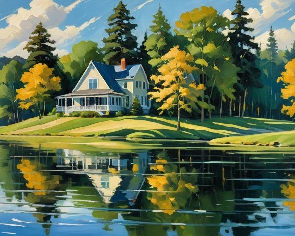 Lakeside Scene with White House and Colorful Foliage