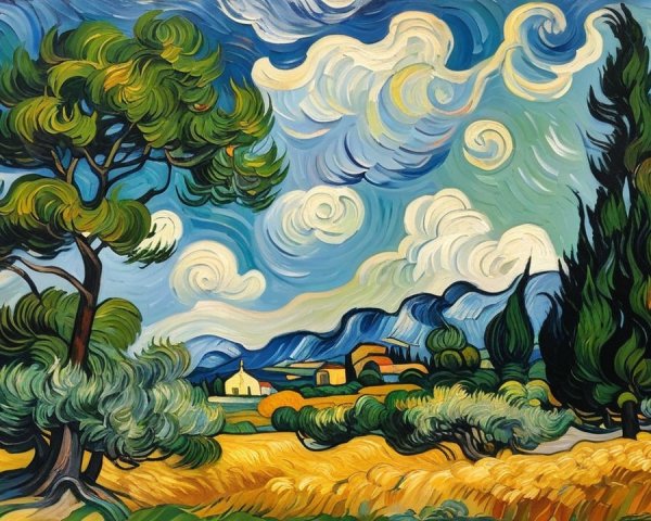 Vibrant Landscape with Pine Tree and Wheat Field