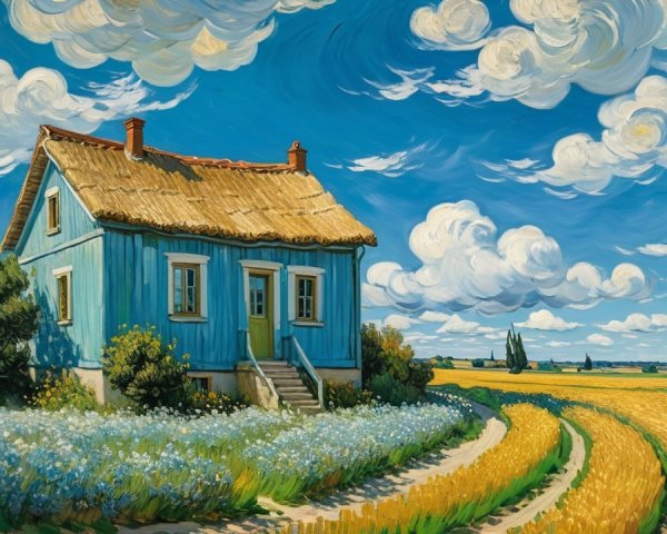 Charming Blue Cottage Surrounded by Vibrant Fields