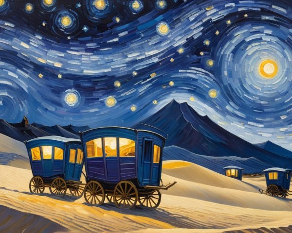 Starry Night Sky with Whimsical Carriages and Mountains