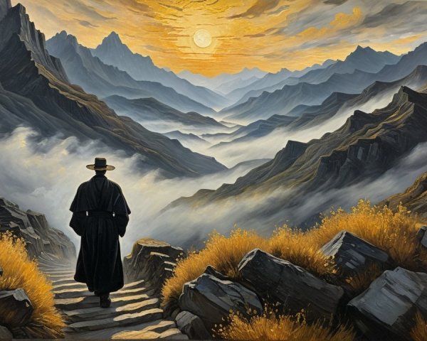 Lone Figure on Winding Path in Majestic Mountains