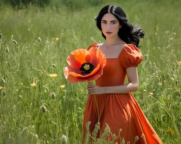 Young Woman in Orange Dress in Wildflower Field