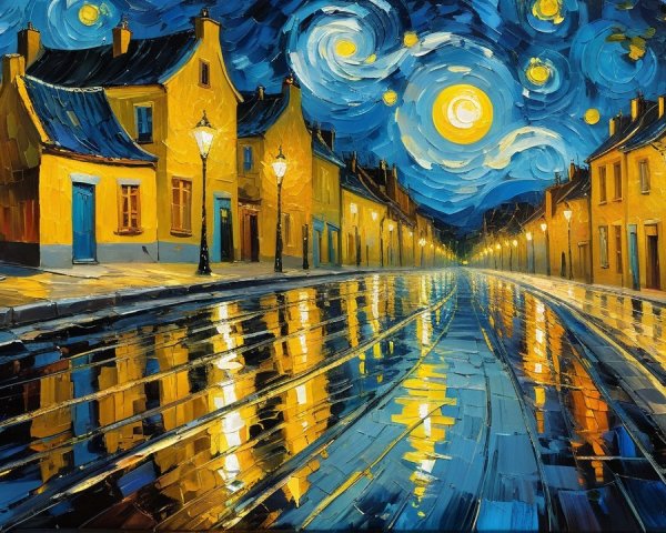 Vibrant Night Sky Over Cozy Houses and Reflective Pavement