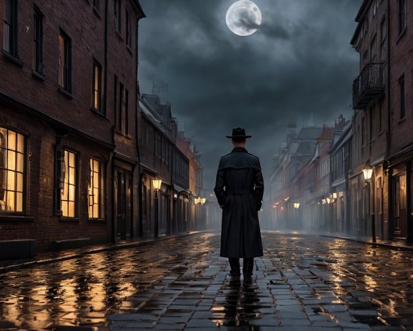 Mysterious Figure on Foggy Cobblestone Street at Night