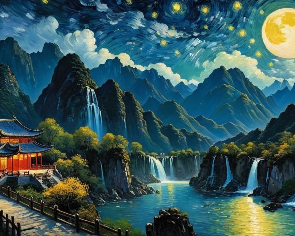 Mountain Valley at Night with Japanese Temple and Waterfalls