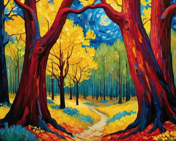 Vibrant Forest Scene with Colorful Trees and Sky