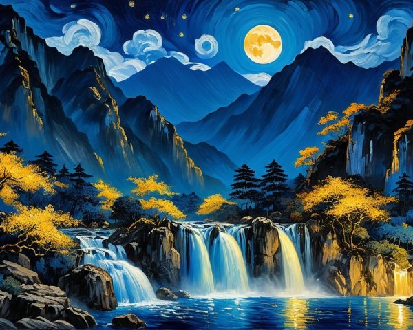 Nighttime Asian Mountain Landscape with Waterfalls