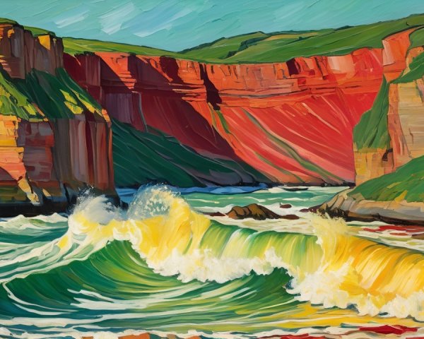 Vibrant Fauvist Coastal Landscape with Ocean Waves