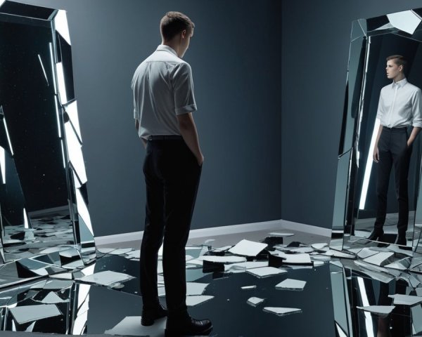 Young man in white shirt among shattered mirrors