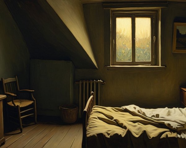 Cozy Dimly Lit Bedroom with Unmade Bed and Desk