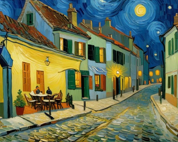 Tranquil Night Scene of Cobblestone Street and Houses
