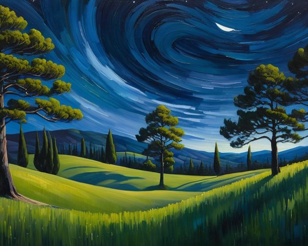 Serene Landscape with Rolling Hills and Starry Sky