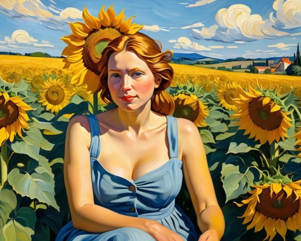 Woman in Blue Dress Surrounded by Sunflowers