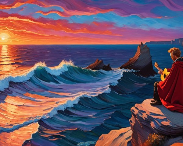 Cloaked Figure Overlooks Ocean at Sunset with Guitar