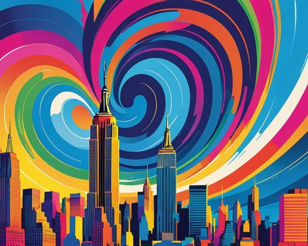 Vibrant Abstract Cityscape with Multicolored Sky