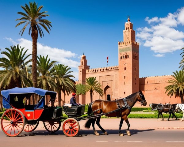 Horse-Drawn Carriage Near Moroccan Red Stone Palace