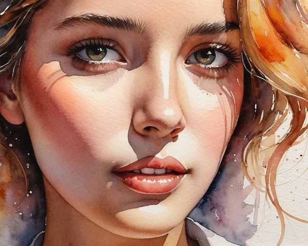 Watercolor Portrait of a Young Woman with Blonde Hair