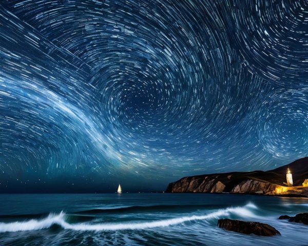 Night Sky with Stars Over a Coastal Village and Waves