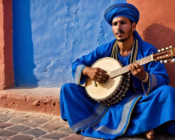 Young Musician Playing String Instrument by Blue Wall