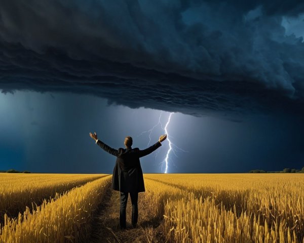 Figure in Wheat Field Under Stormy Sky with Lightning