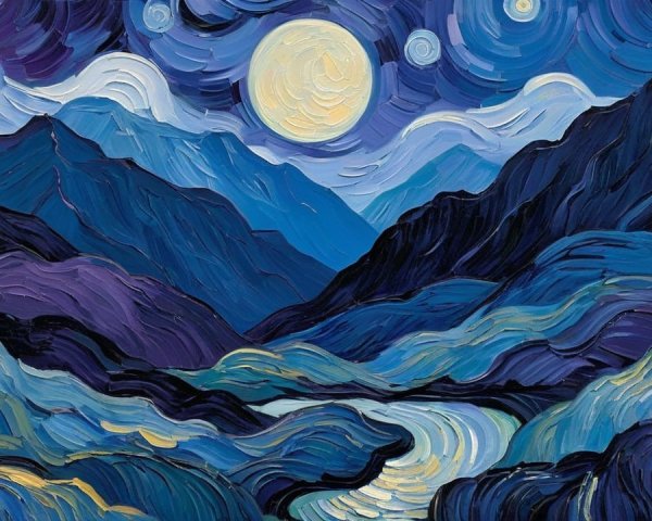 Swirling Night Sky with Glowing Moon and Mountains