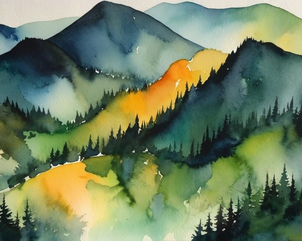 Vibrant Watercolor Landscape with Mountains and Trees