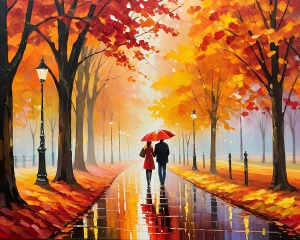 Romantic Autumn Walk Under a Red Umbrella