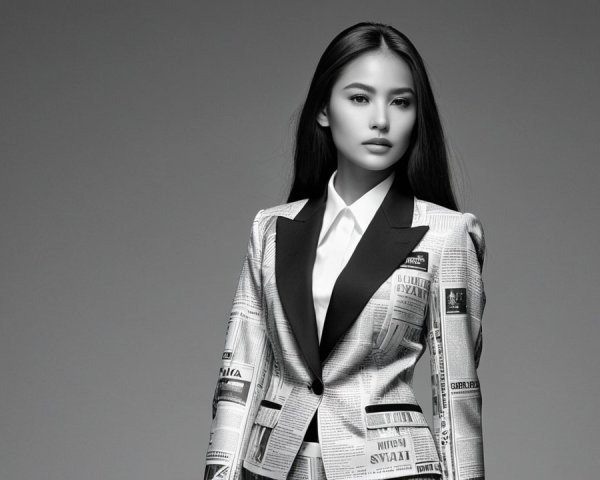 Stylish Blazer with Newspaper Clippings and Black Lapel