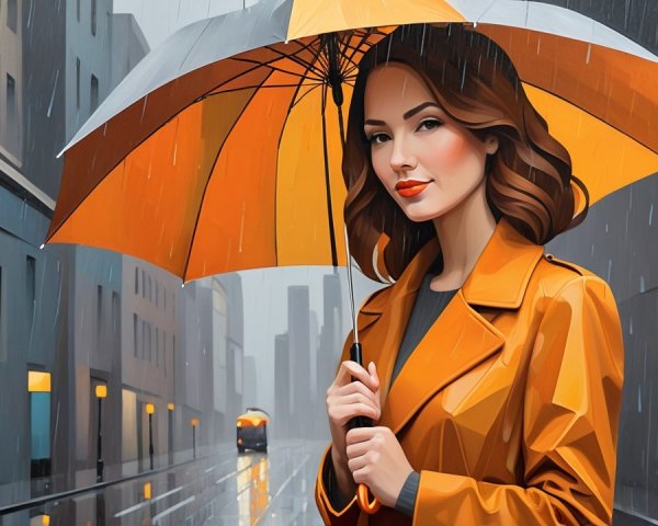 Woman in orange coat with umbrella in rainy city