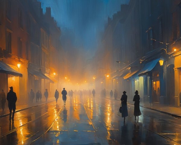 Atmospheric Dusk Street Scene with Vintage Figures