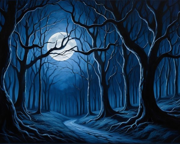 Moonlit Forest with Tall Trees and Winding Path