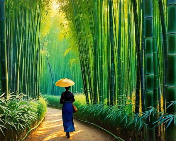 Person Walking on Sunlit Path in Bamboo Forest