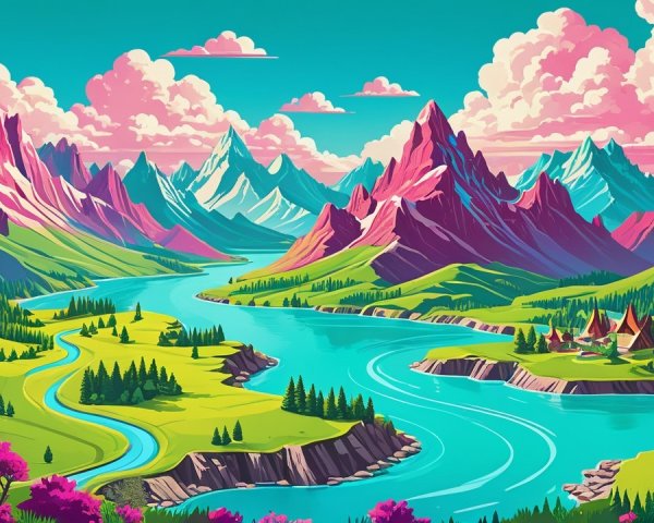 Vibrant Landscape with Majestic Mountains and River