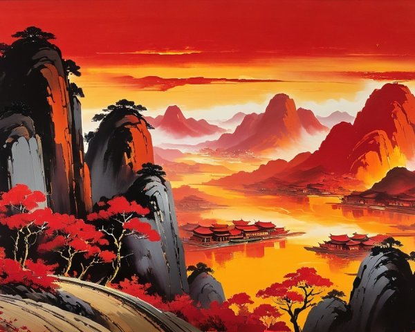 Hyper-realistic illustration of an oriental sunset landscape