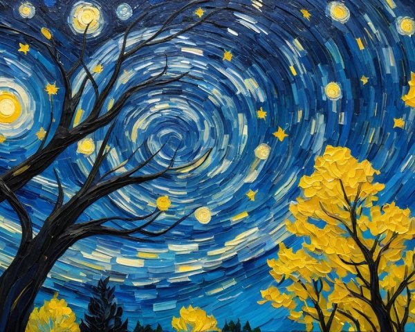 Vibrant Night Sky with Stars and Silhouetted Trees