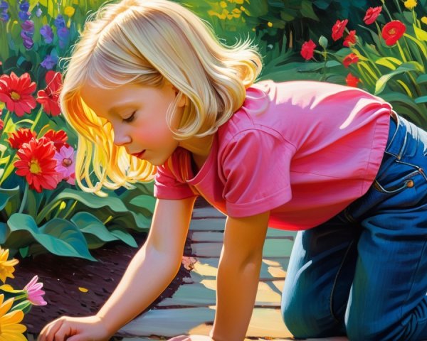 Young girl examines flowers in a colorful garden