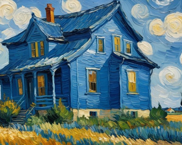 Vibrant Blue Victorian House in Golden Grass Field