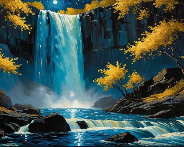 Vibrant Waterfall Scene Under Full Moon and Stars