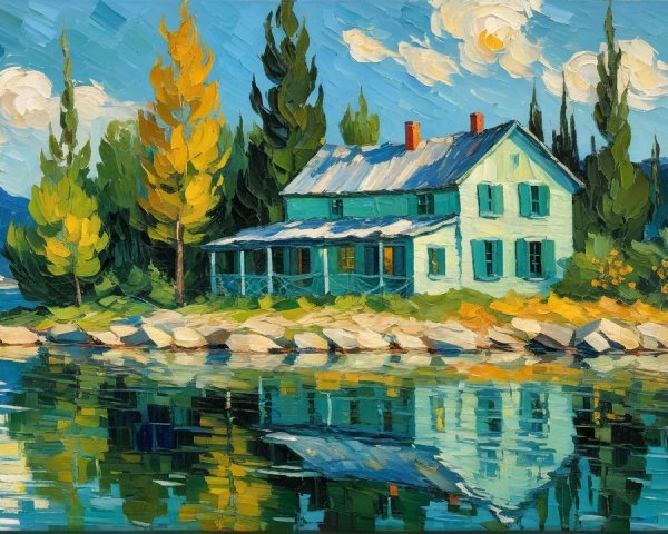 Impressionistic Painting of Lakeside House and Landscape